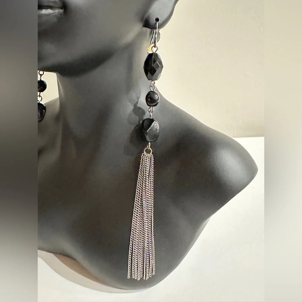 Vintage Black Beaded Dangle Earrings with Silver Tassels – 5 Inches Long